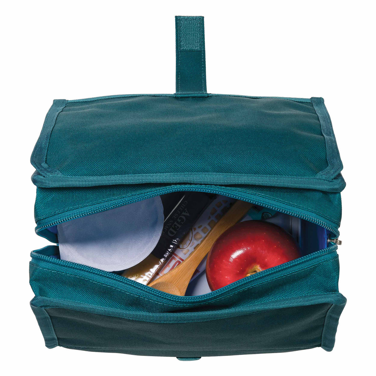 freezable-lunch-bag-b2 freezable-lunch-bag-deep-teal-top-view-packed.jpg